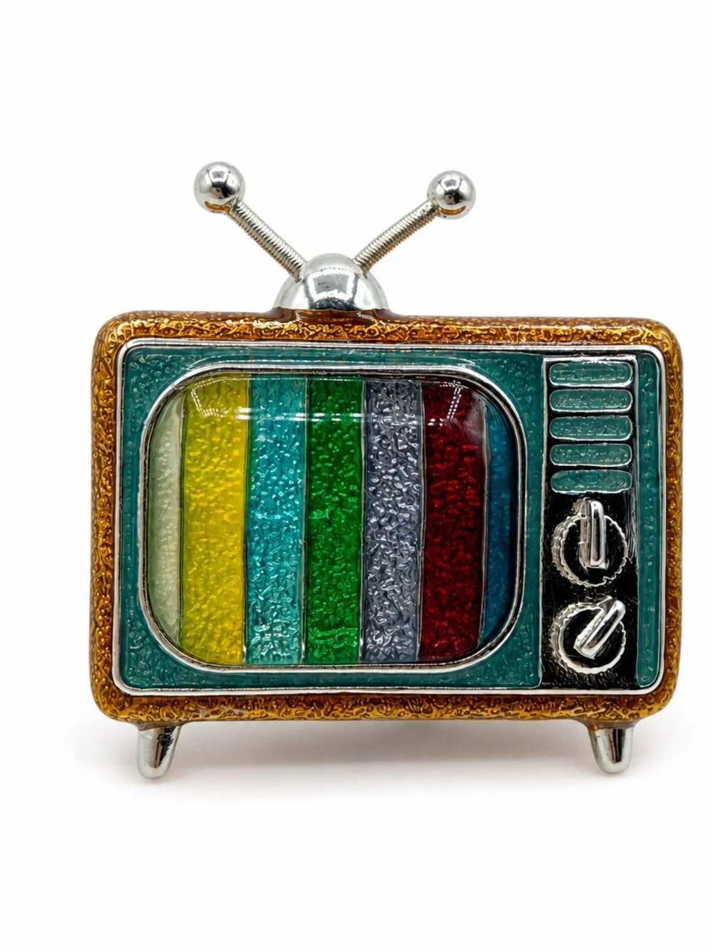 Vintage Napier Retro Television Brooch Pin Color Bar TV Enamel Silver Tone